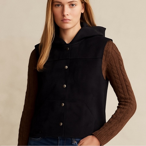 VINTAGE LAUREN RALPH LAUREN SUEDE BUTTON SHERPA HOODED VEST WOMENS SIZE LARGE - Picture 1 of 9